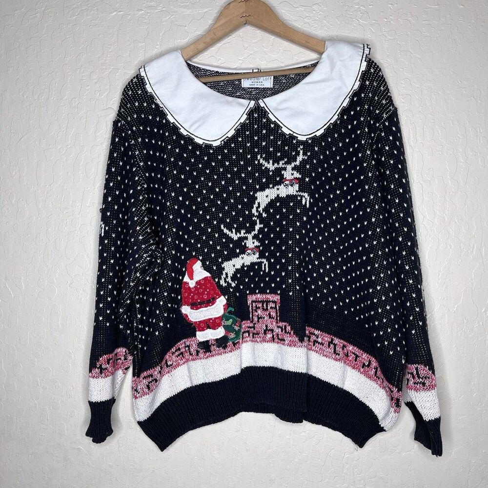 VTG 1980s Sweater Loft Peter Pan Collar  Hand Knit Cardigan Sweater Womens Large